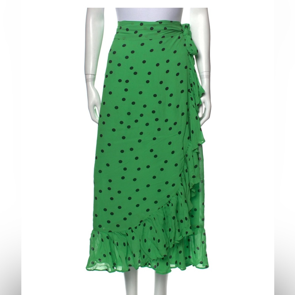 Ganni Dainty Georgette Green Polka Dot Ruffle Hem Wrap Skirt